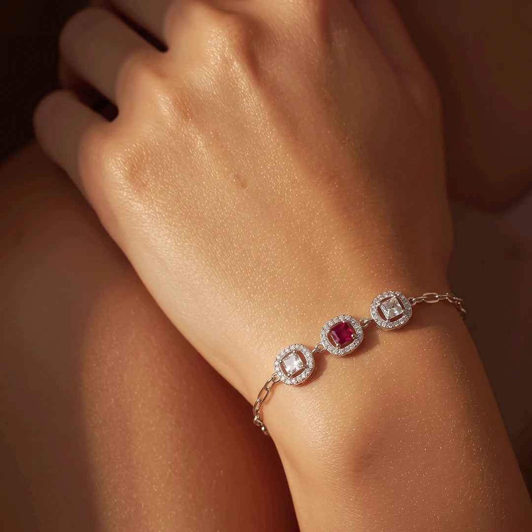 Crimson Square Trio Halo Ladies Bracelet | 925 Sterling Silver