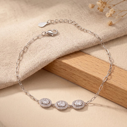 Three-Stone Halo Link Ladies Bracelet | 925 Sterling Silver