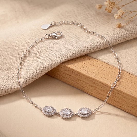 Three-Stone Halo Link Ladies Bracelet | 925 Sterling Silver