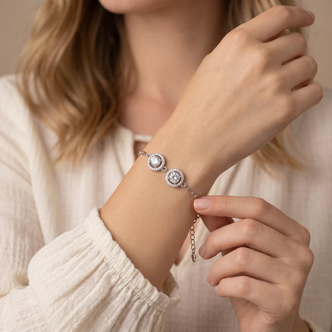 Double Round Halo Ladies Bracelet | 925 Sterling Silver