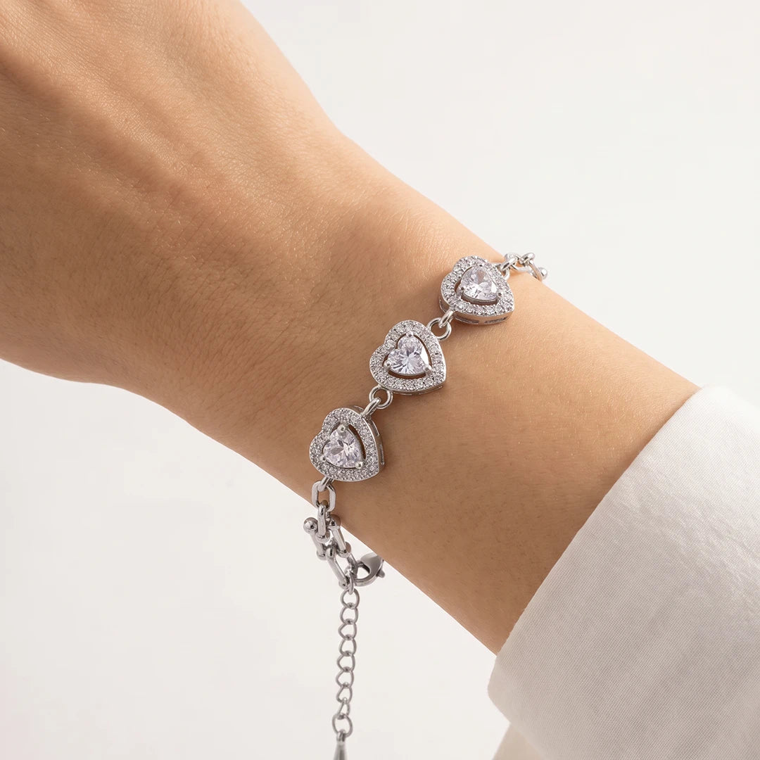 Triple Heart Halo Ladies Bracelet | 925 Sterling Silver