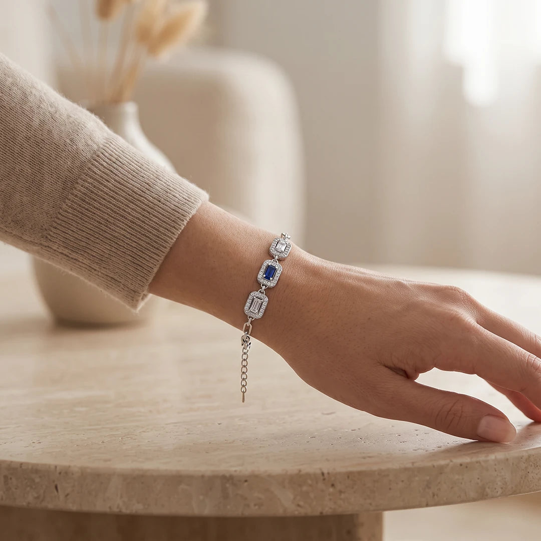 Royal Blue Square Halo Trio Ladies Bracelet | 925 Sterling Silver