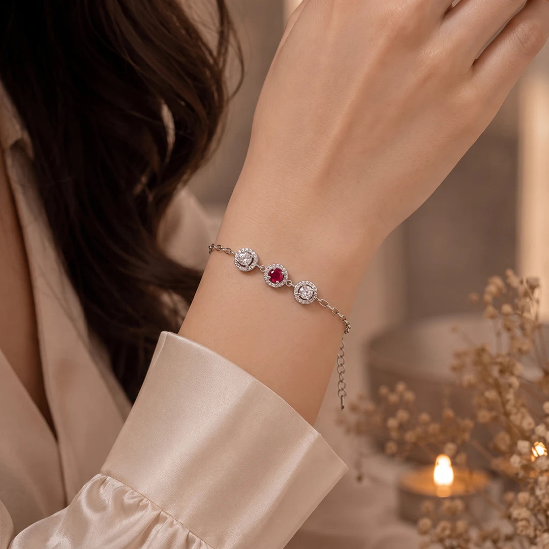 Ruby Red Trio Halo Ladies Bracelet | 925 Sterling Silver