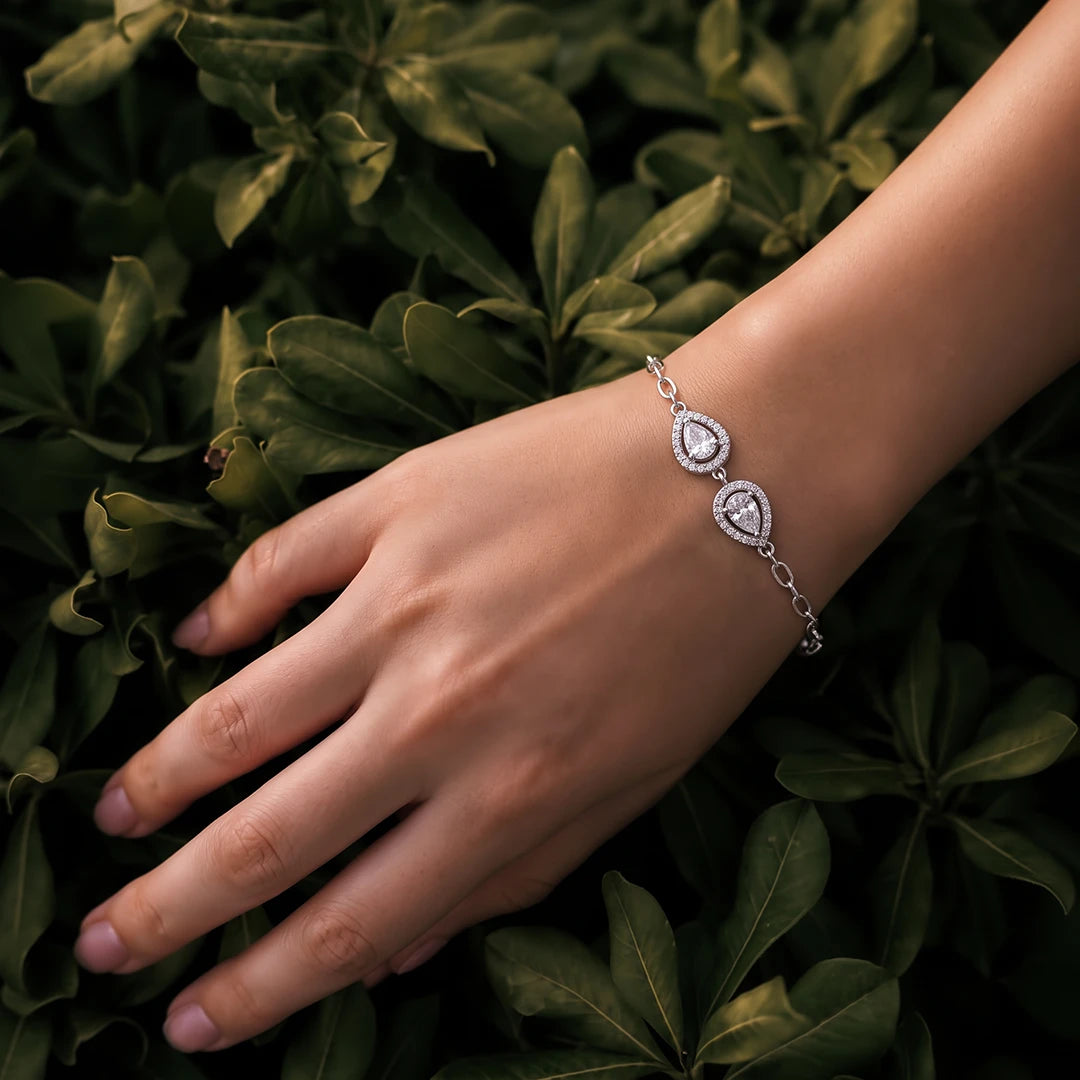 Pear Duo Halo Link Ladies Bracelet — 925 Sterling Silver
