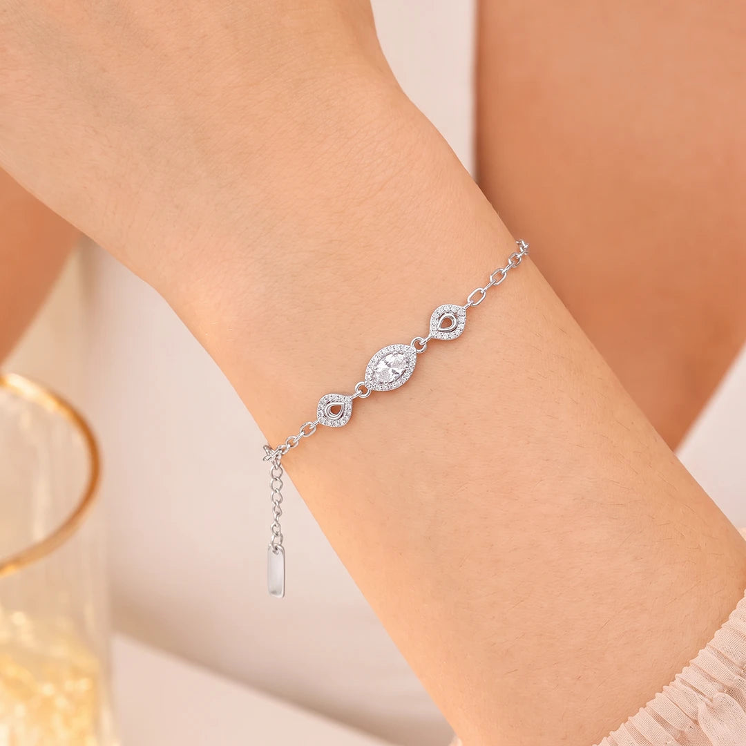 Marquise Halo Leaf Link Ladies Bracelet | 925 Sterling Silver