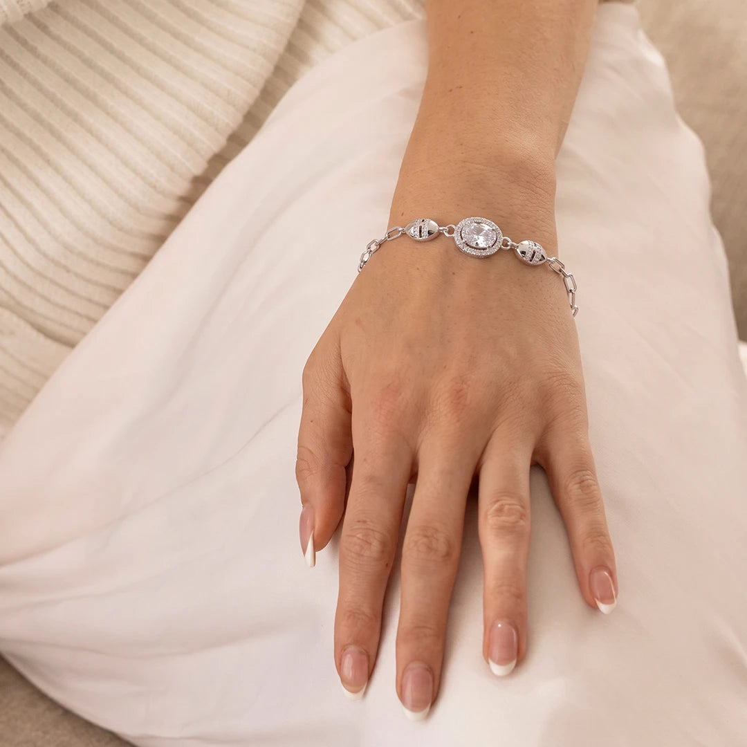 Oval Halo Barrel Accent Ladies Bracelet | 925 Sterling Silver