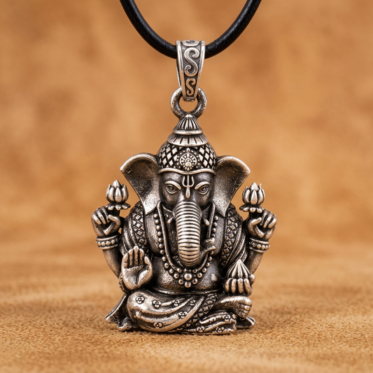 Antique Silver Tone Lord Ganesha Pendant with Lotus & Blessing Hand
