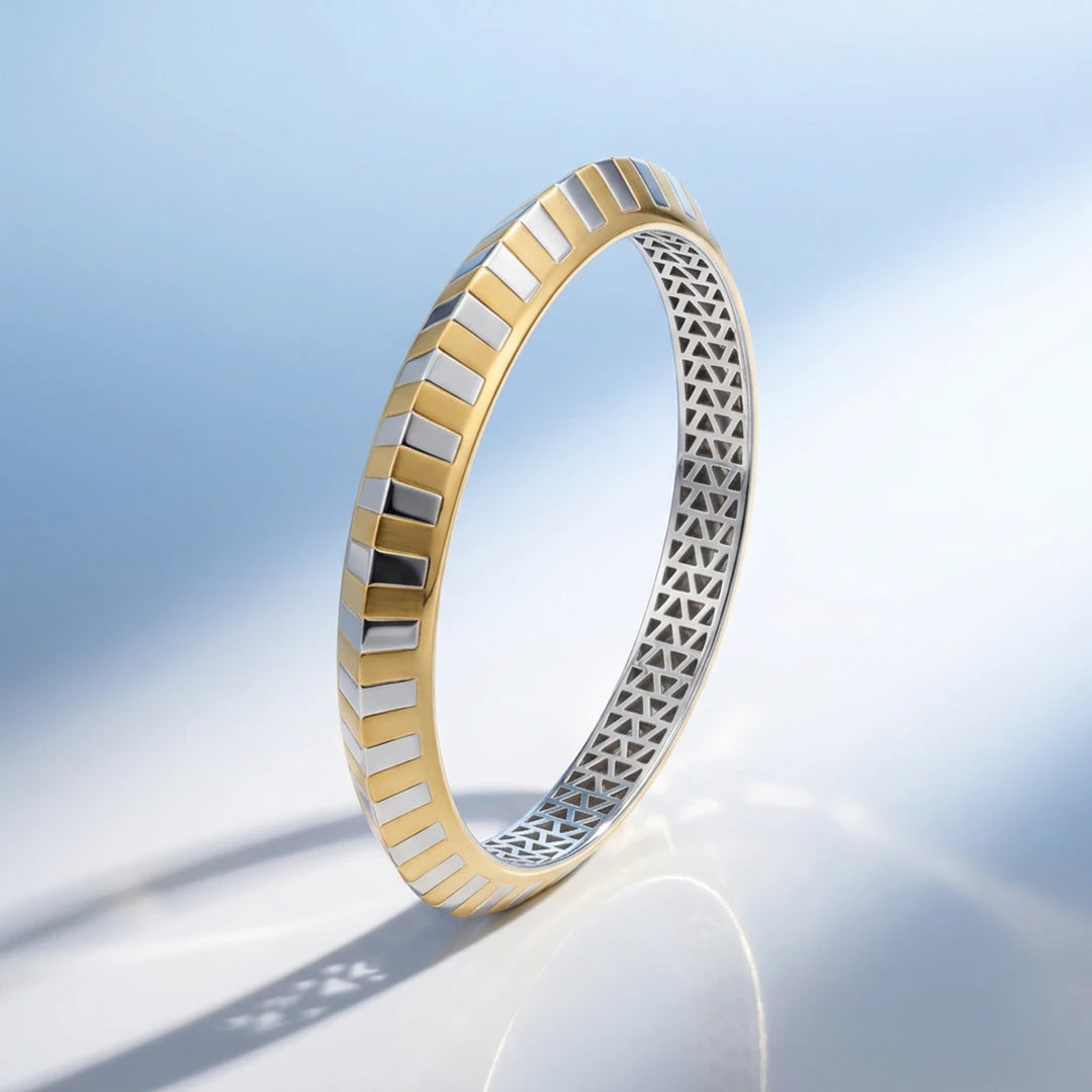 Gold-Silver Herringbone Stripe Ladies Bangle | 925 Sterling Silver