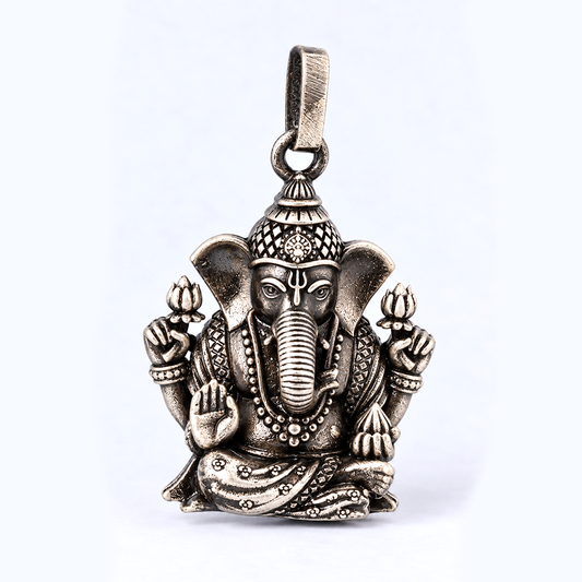 Antique Silver Tone Lord Ganesha Pendant with Lotus & Blessing Hand