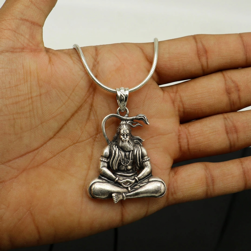 Antique Silver Tone Meditating Lord Hanuman Pendant