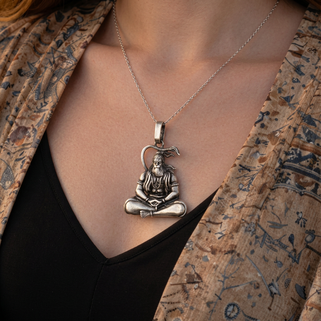 Antique Silver Tone Meditating Lord Hanuman Pendant