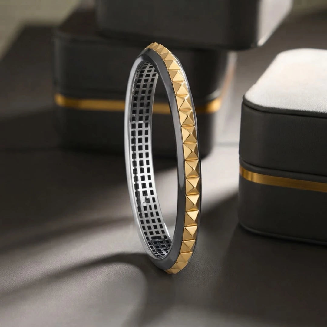 Gold Pyramid Stud Ladies Bangle | 925 Sterling Silver