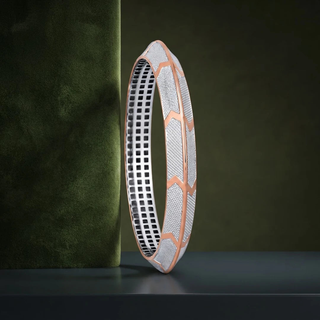 Rose-Silver Textured Chevron Ladies Bangle | 925 Sterling Silver
