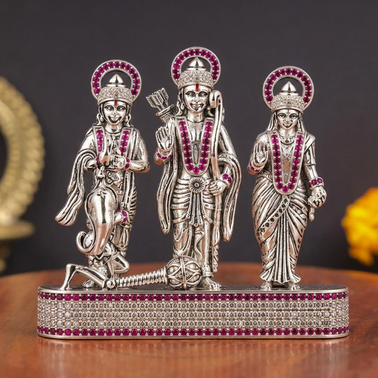 Silver Tone Ram Darbar Idol with Hanuman & Pink Stone Work (Copy)