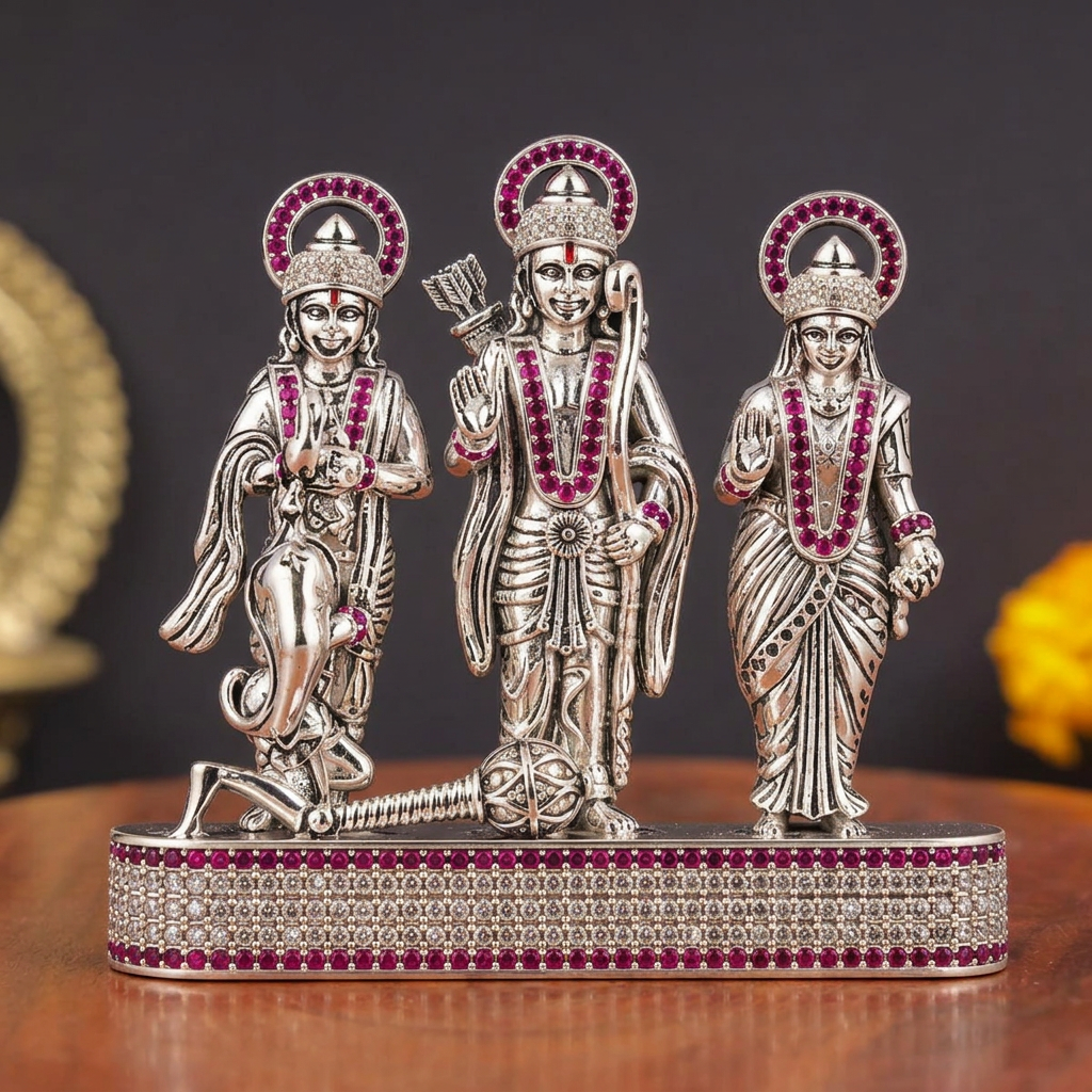 Silver Tone Ram Darbar Idol with Hanuman & Pink Clear Stone Work