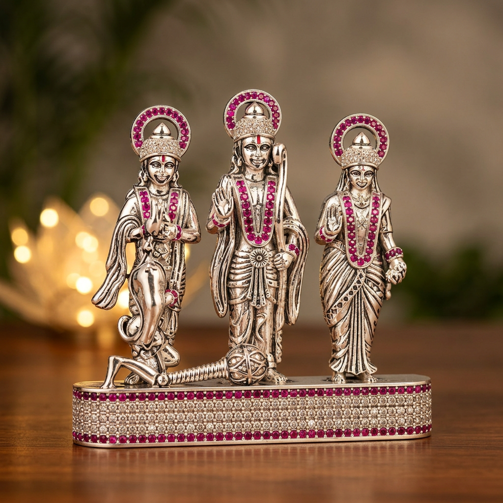 Silver Tone Ram Darbar Idol with Hanuman & Pink Clear Stone Work