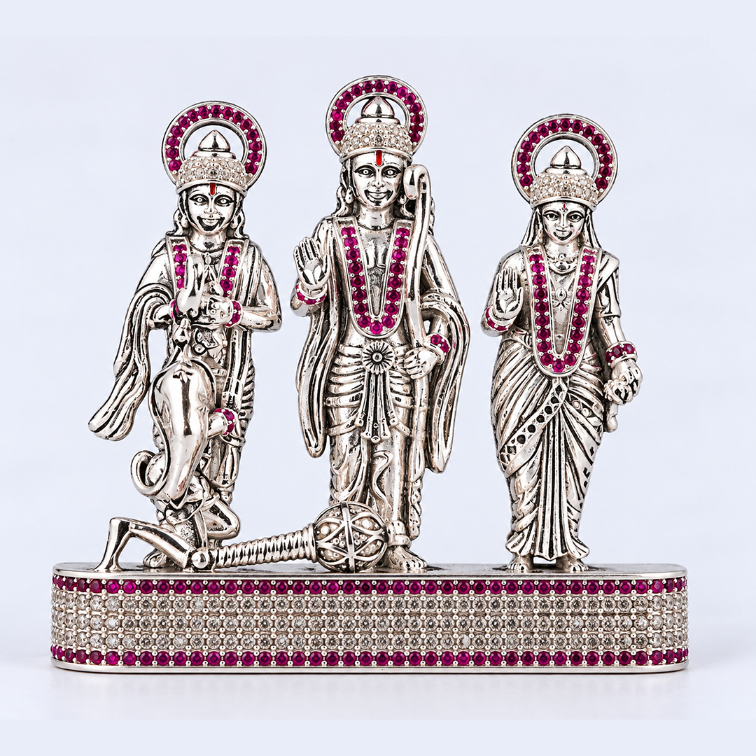 Silver Tone Ram Darbar Idol with Hanuman & Pink Clear Stone Work