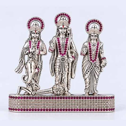 Silver Tone Ram Darbar Idol with Hanuman & Pink Clear Stone Work
