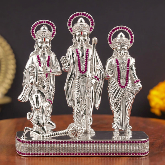Silver Tone Ram Darbar Idol with Hanuman & Pink Stone Work