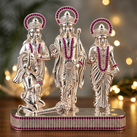 Silver Tone Ram Darbar Idol with Hanuman & Pink Stone Work