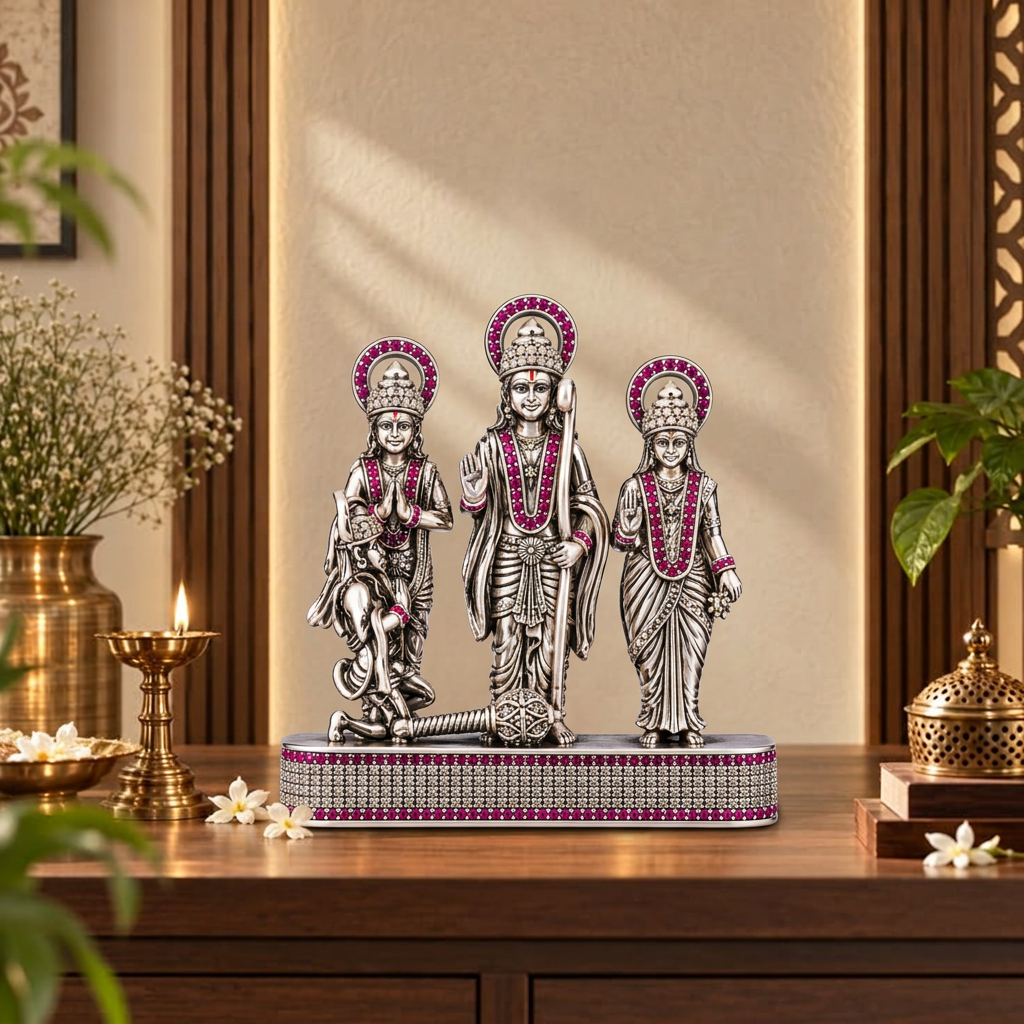Silver Tone Ram Darbar Idol with Hanuman & Pink Stone Work