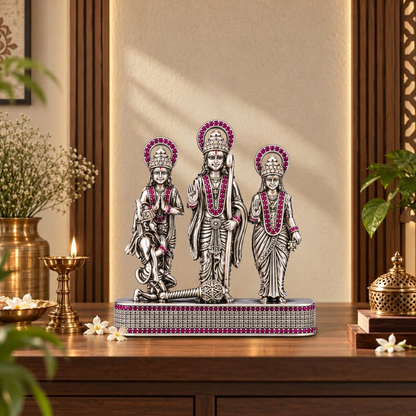Silver Tone Ram Darbar Idol with Hanuman & Pink Stone Work