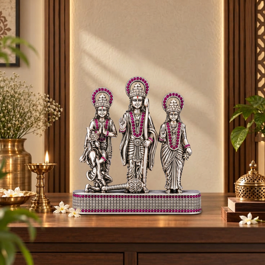 Silver Tone Ram Darbar Idol with Hanuman & Pink Stone Work