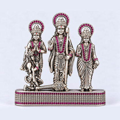 Silver Tone Ram Darbar Idol with Hanuman & Pink Stone Work