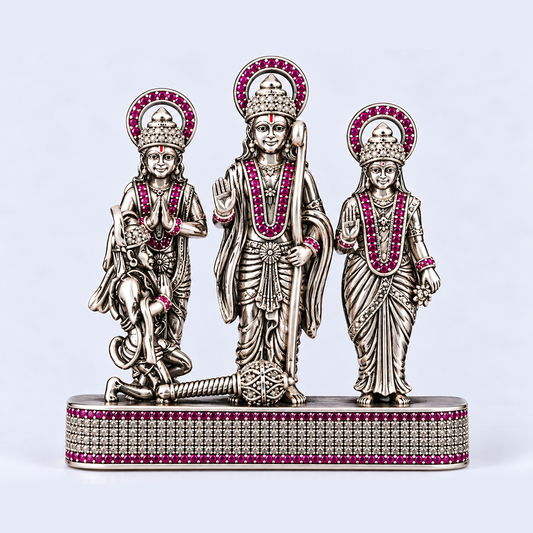 Silver Tone Ram Darbar Idol with Hanuman & Pink Stone Work