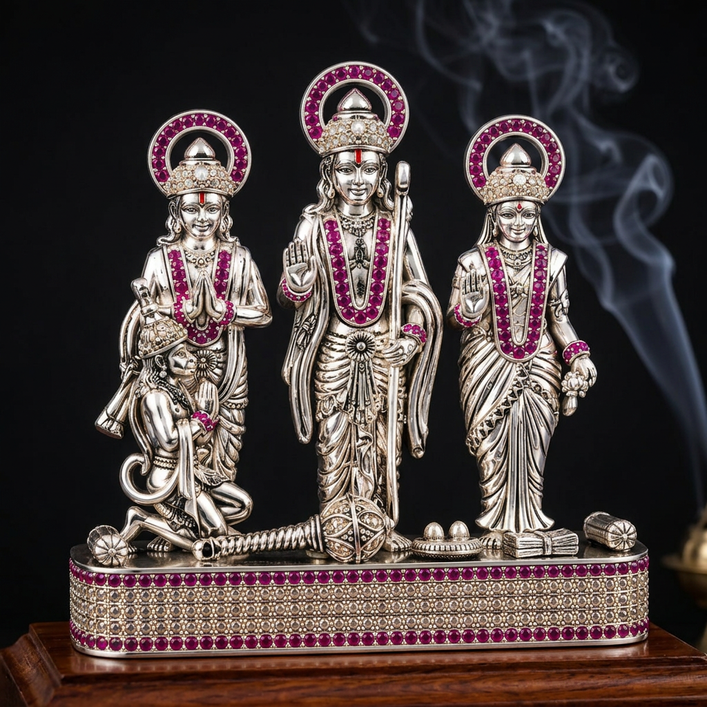 Silver Tone Ram Darbar Idol with Hanuman & Pink Clear Stone Work