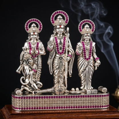 Silver Tone Ram Darbar Idol with Hanuman & Pink Clear Stone Work