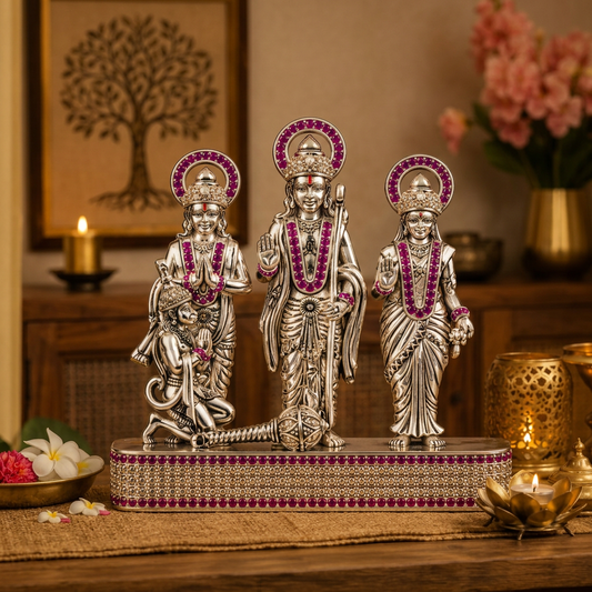 Silver Tone Ram Darbar Idol with Hanuman & Pink Clear Stone Work