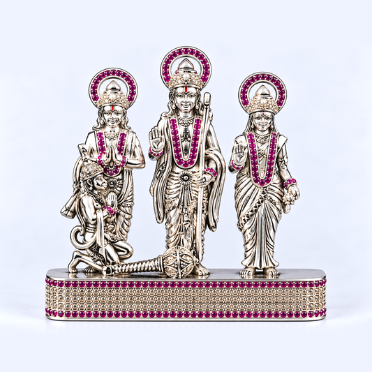 Silver Tone Ram Darbar Idol with Hanuman & Pink Clear Stone Work