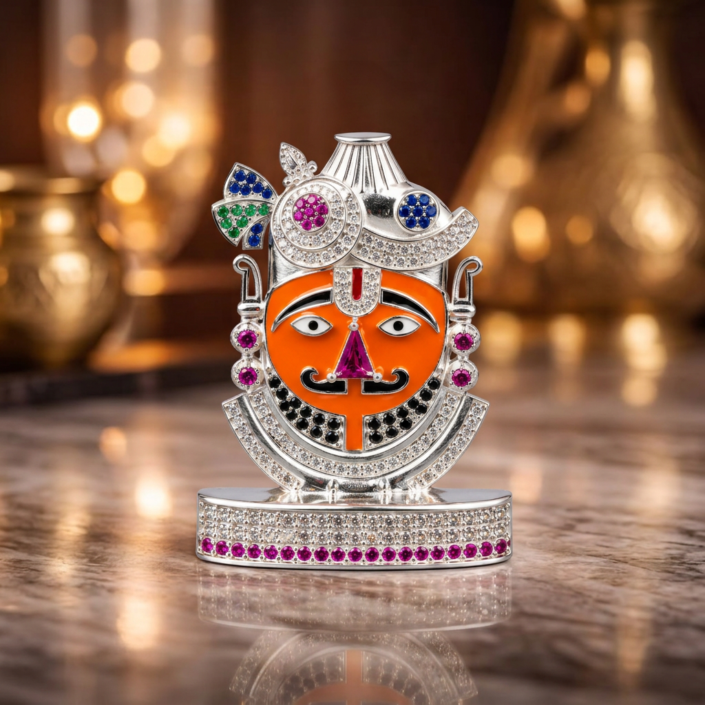 Silver Tone Khatu Shyam Ji Idol with Multicolor Stone Work