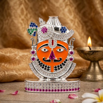 Silver Tone Khatu Shyam Ji Idol with Multicolor Stone Work