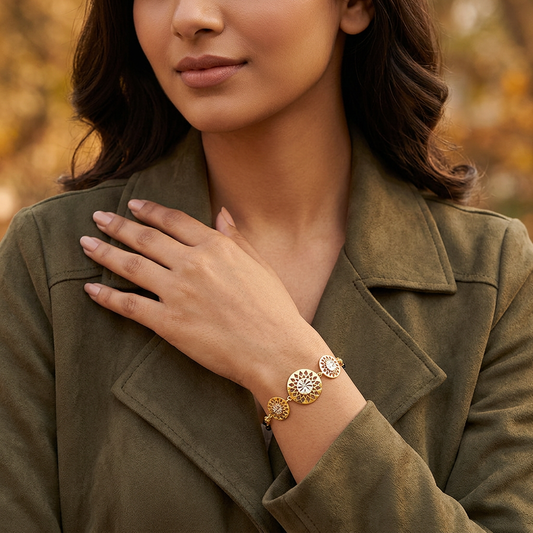 Golden Sunwheel Floral Trio Ladies Bracelet | 925 Sterling Silver