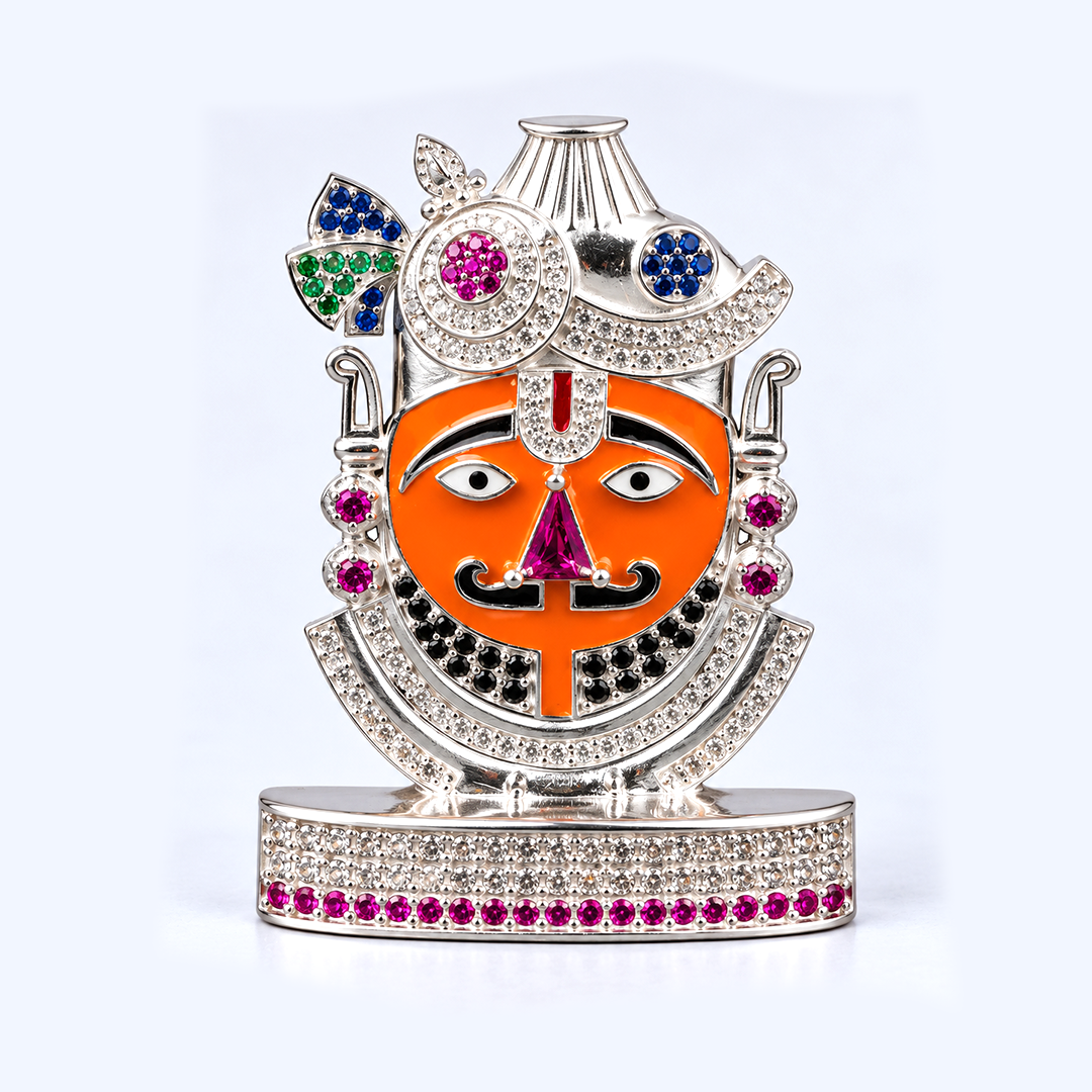 Silver Tone Khatu Shyam Ji Idol with Multicolor Stone Work