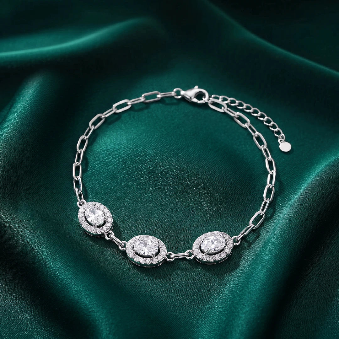 Three-Stone Halo Link Ladies Bracelet | 925 Sterling Silver