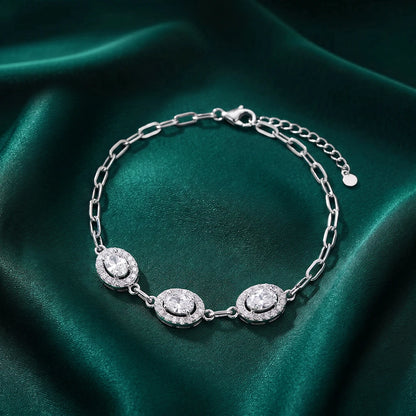 Three-Stone Halo Link Ladies Bracelet | 925 Sterling Silver