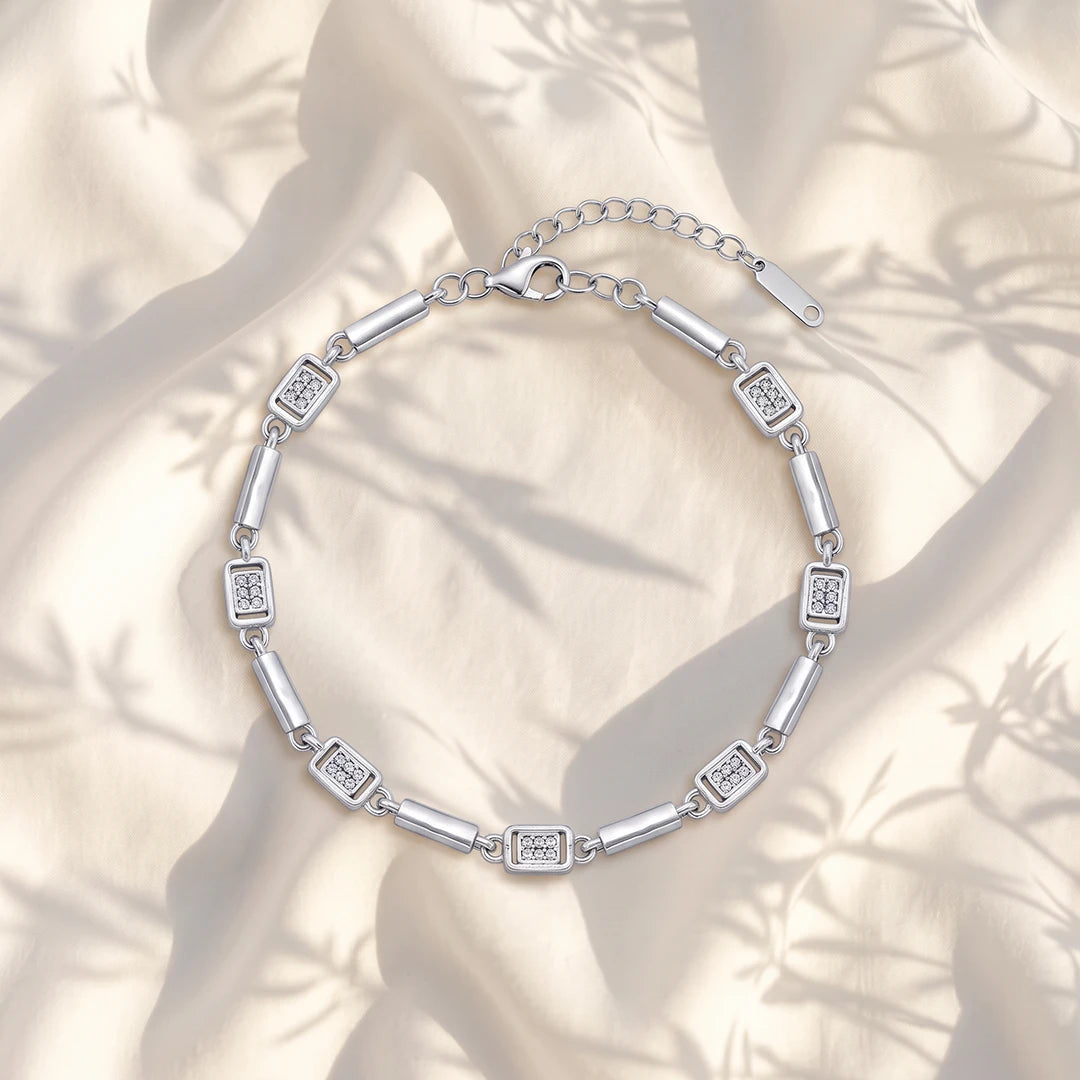 Rectangular Pavé & Tube Link Ladies Bracelet | 925 Sterling Silver