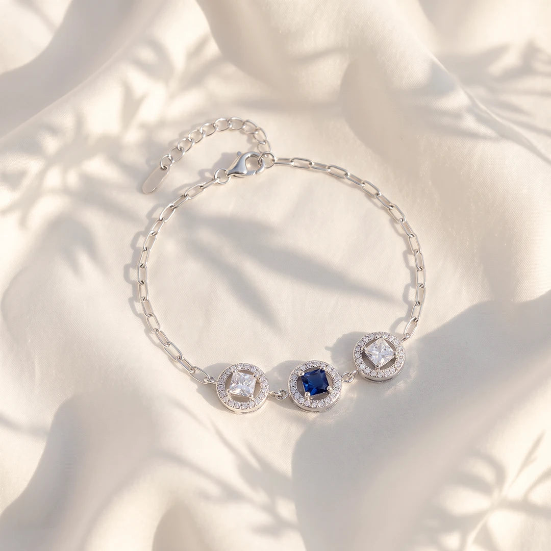Royal Blue Trio Halo Link Ladies Bracelet | 925 Sterling Silver