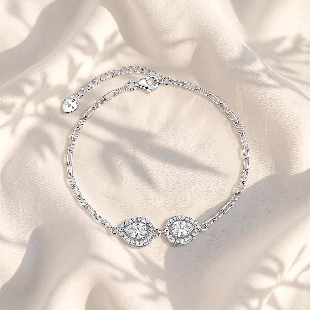 Pear Duo Halo Link Ladies Bracelet — 925 Sterling Silver