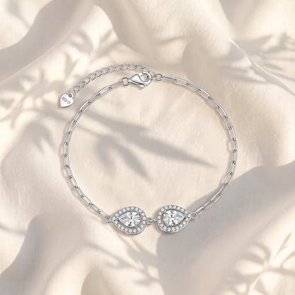 Pear Duo Halo Link Ladies Bracelet — 925 Sterling Silver