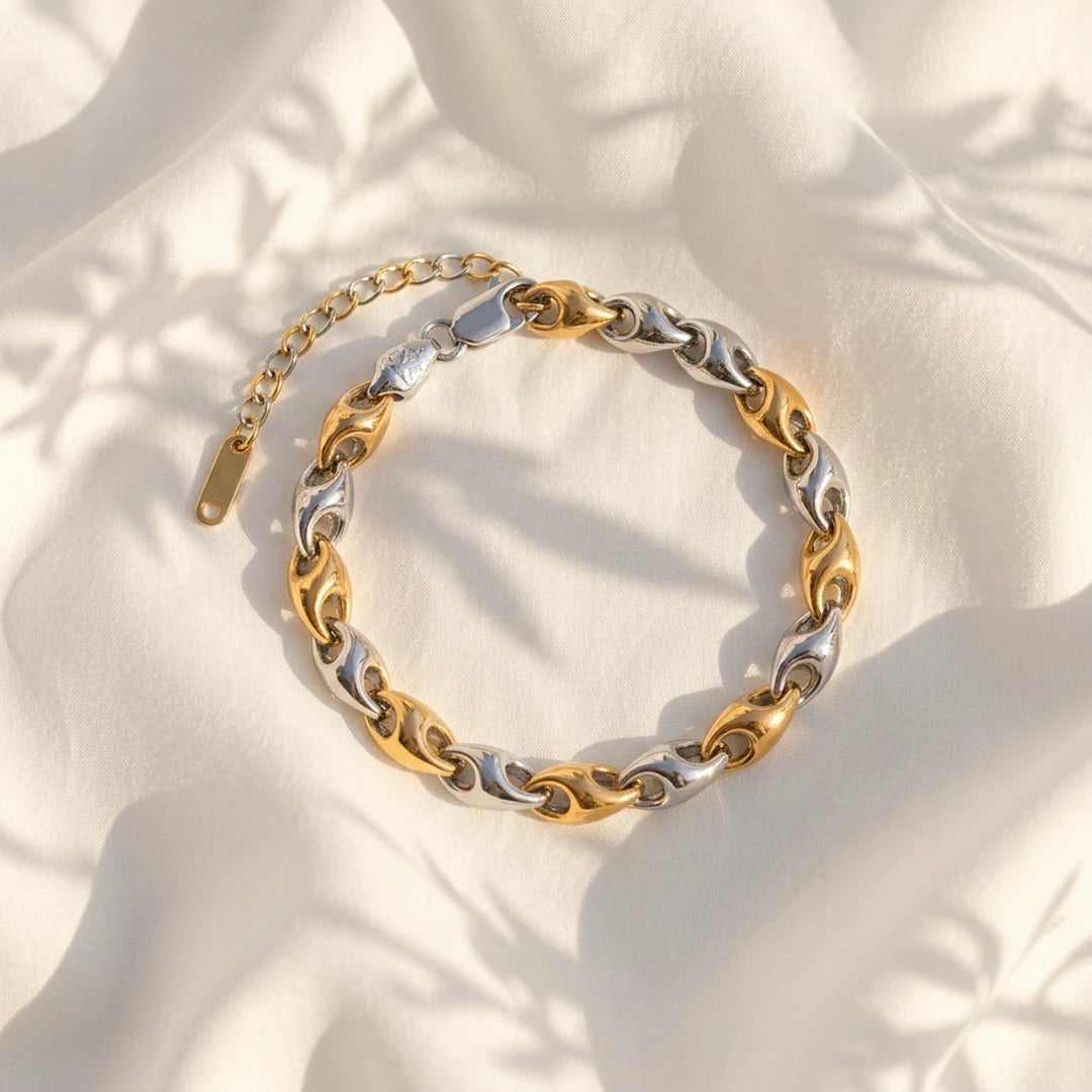 Dual-Tone Sculpted Chain Ladies Bracelet | 925 Sterling Silver