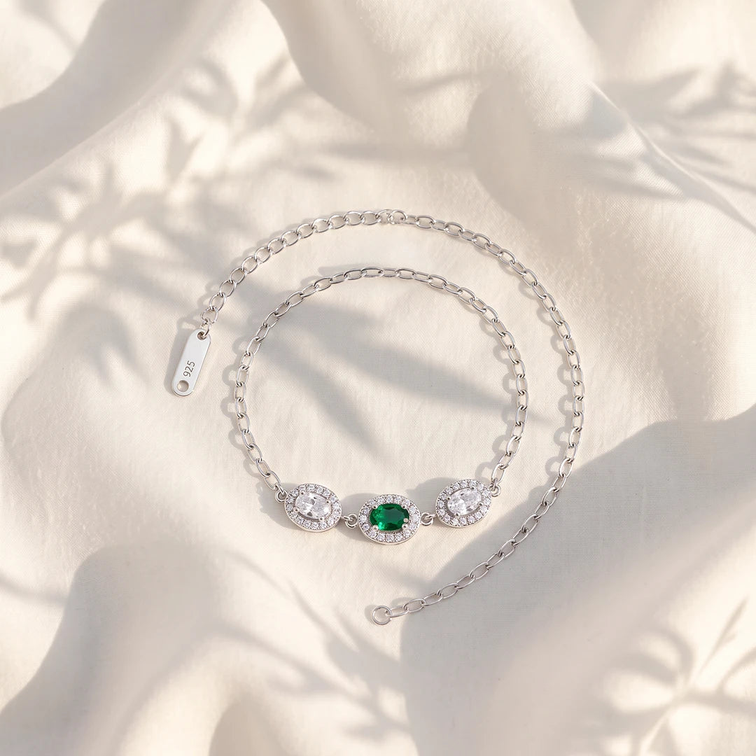 Emerald Trio Halo Ladies Bracelet | 925 Sterling Silver