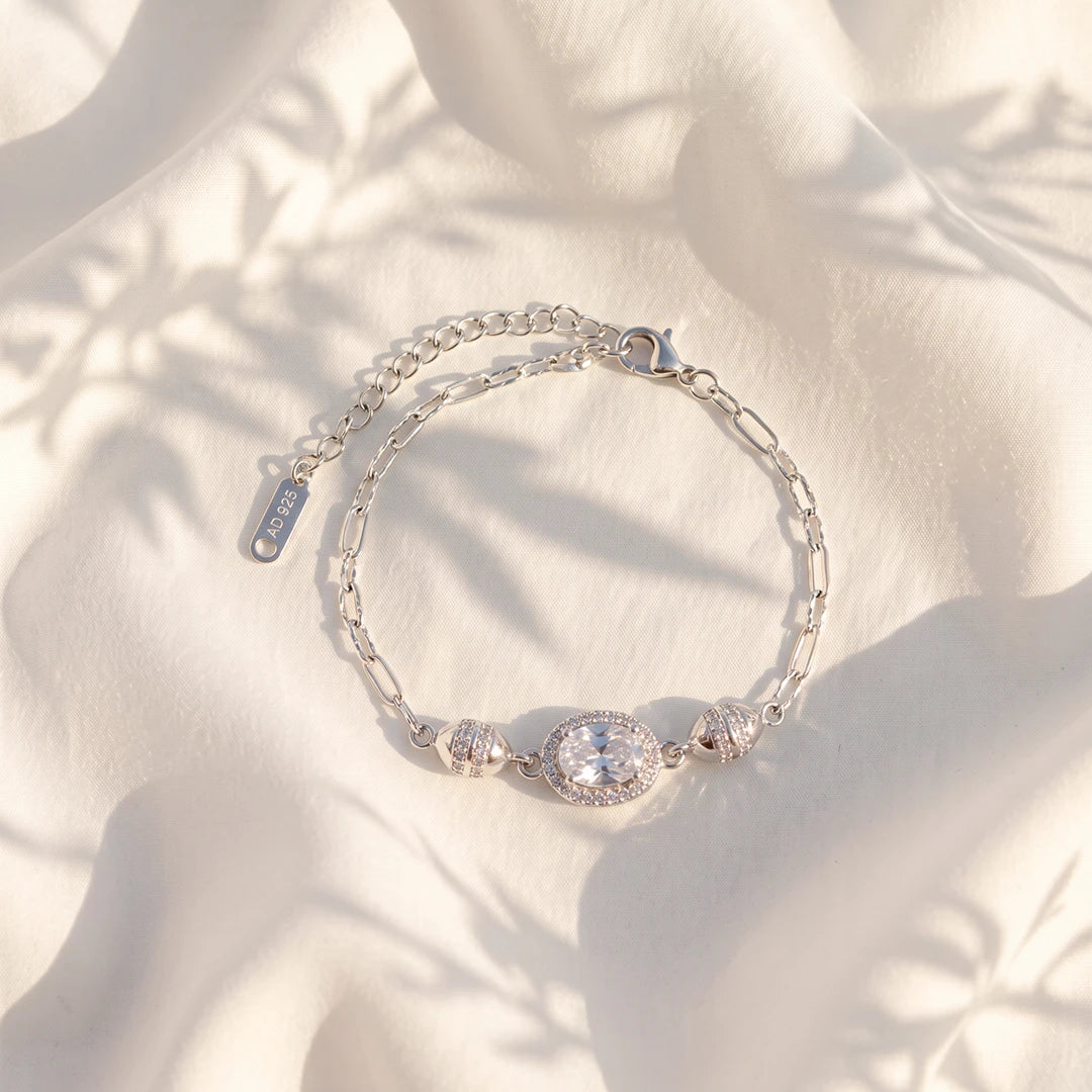 Oval Halo Barrel Accent Ladies Bracelet | 925 Sterling Silver