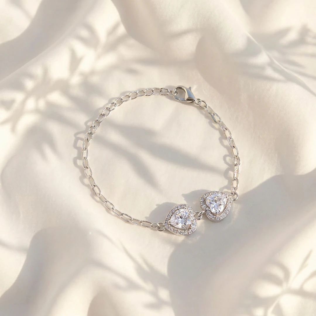 Double Heart Halo Ladies Bracelet | 925 Sterling Silver
