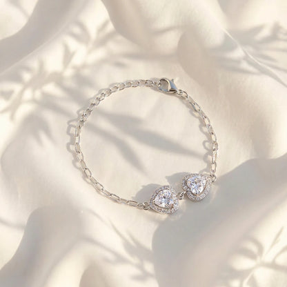 Double Heart Halo Ladies Bracelet | 925 Sterling Silver