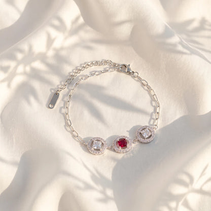 Crimson Square Trio Halo Ladies Bracelet | 925 Sterling Silver