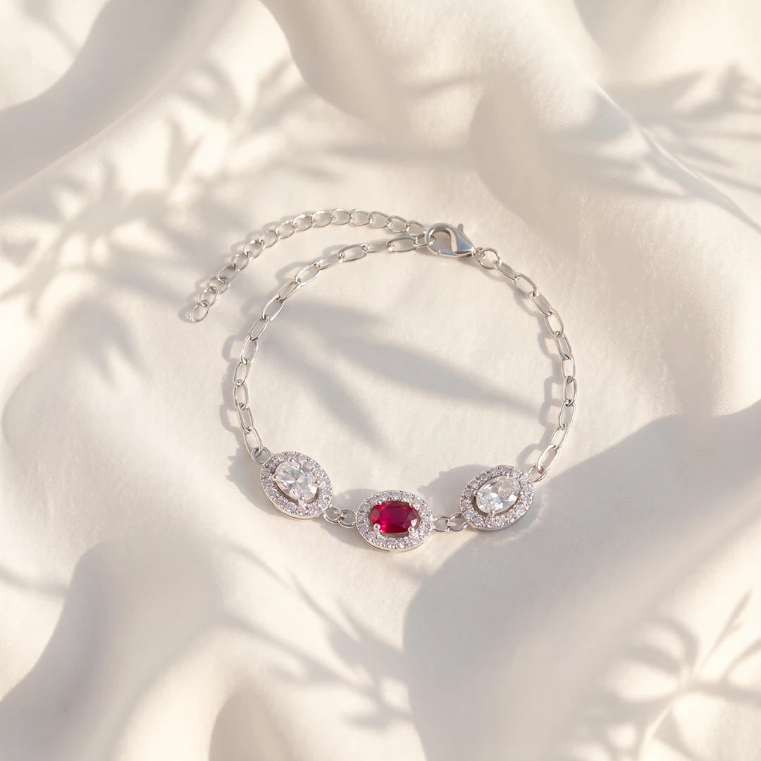 Crimson Oval Trio Halo Ladies Bracelet | 925 Sterling Silver